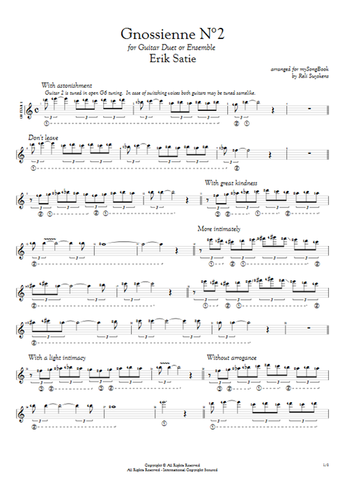 Gnossienne N°2 Erik Satie guitar pro tab AGuitarI Guitar Duet mysongbook